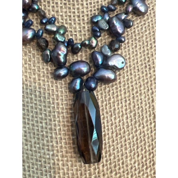 Black Iridescent Freshwater Pearl Sterling Silver Necklace Glass Pendant Estate - Picture 2 of 5